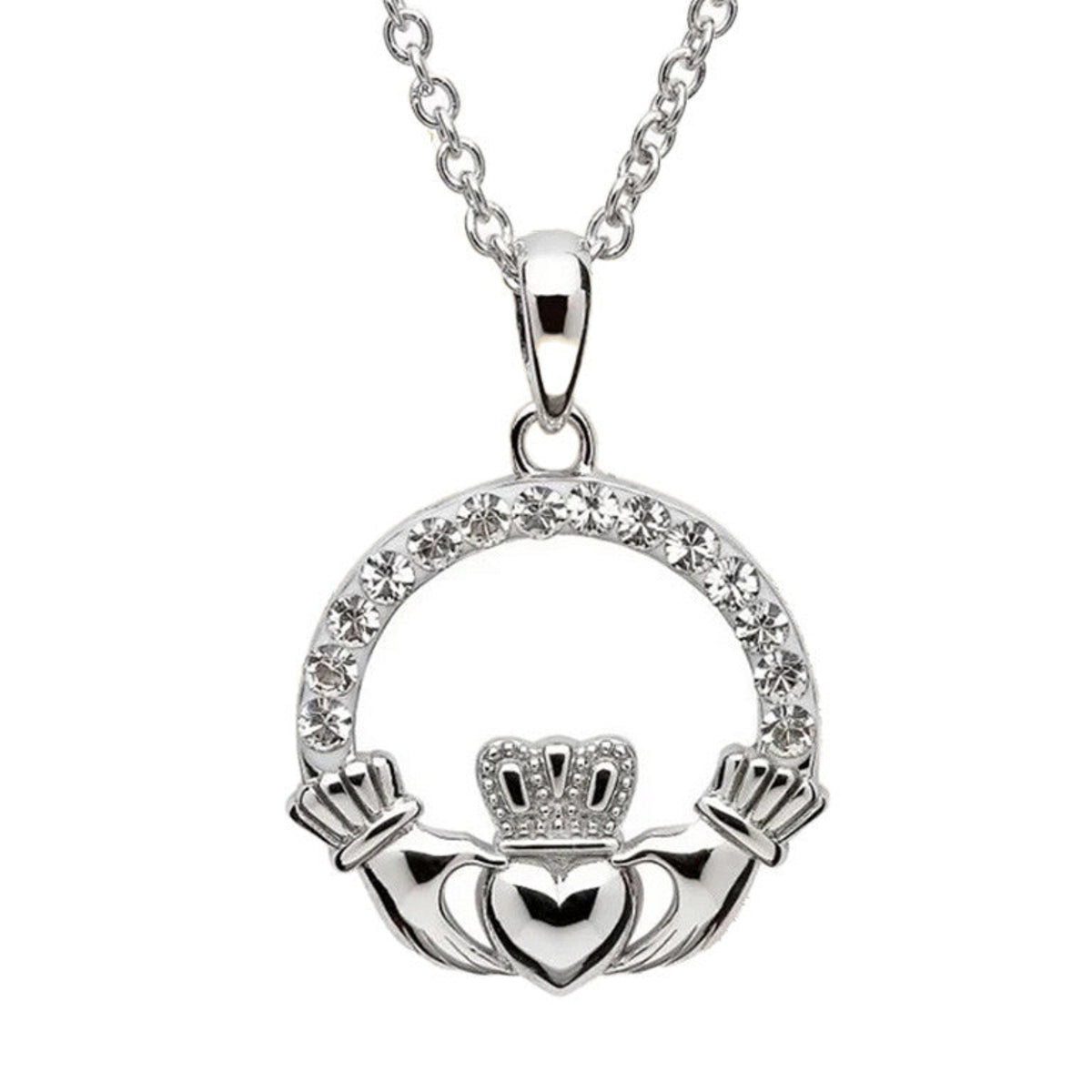 Silver Claddagh pendant necklace on a white background