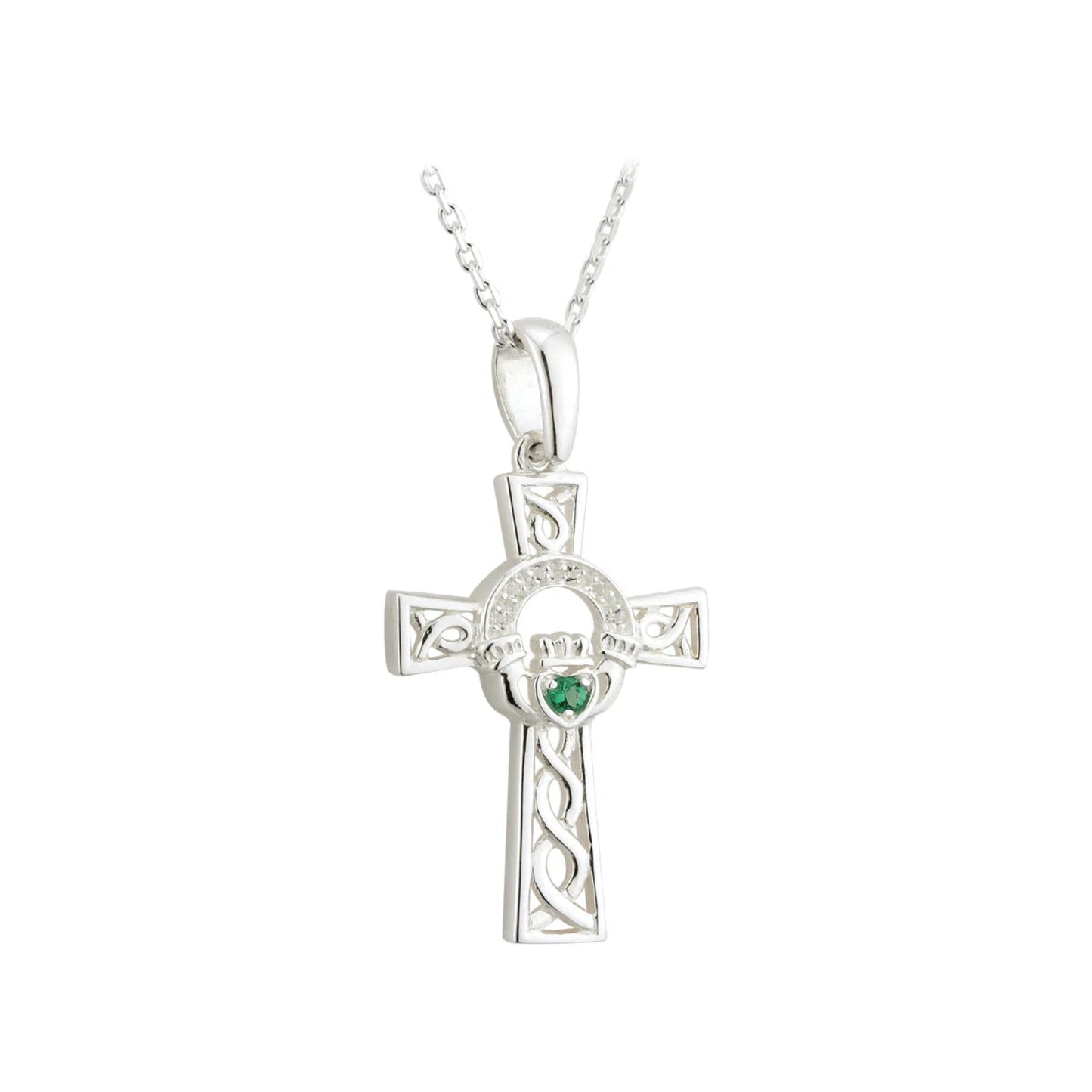 Silver cross pendant with a green gemstone on a white background