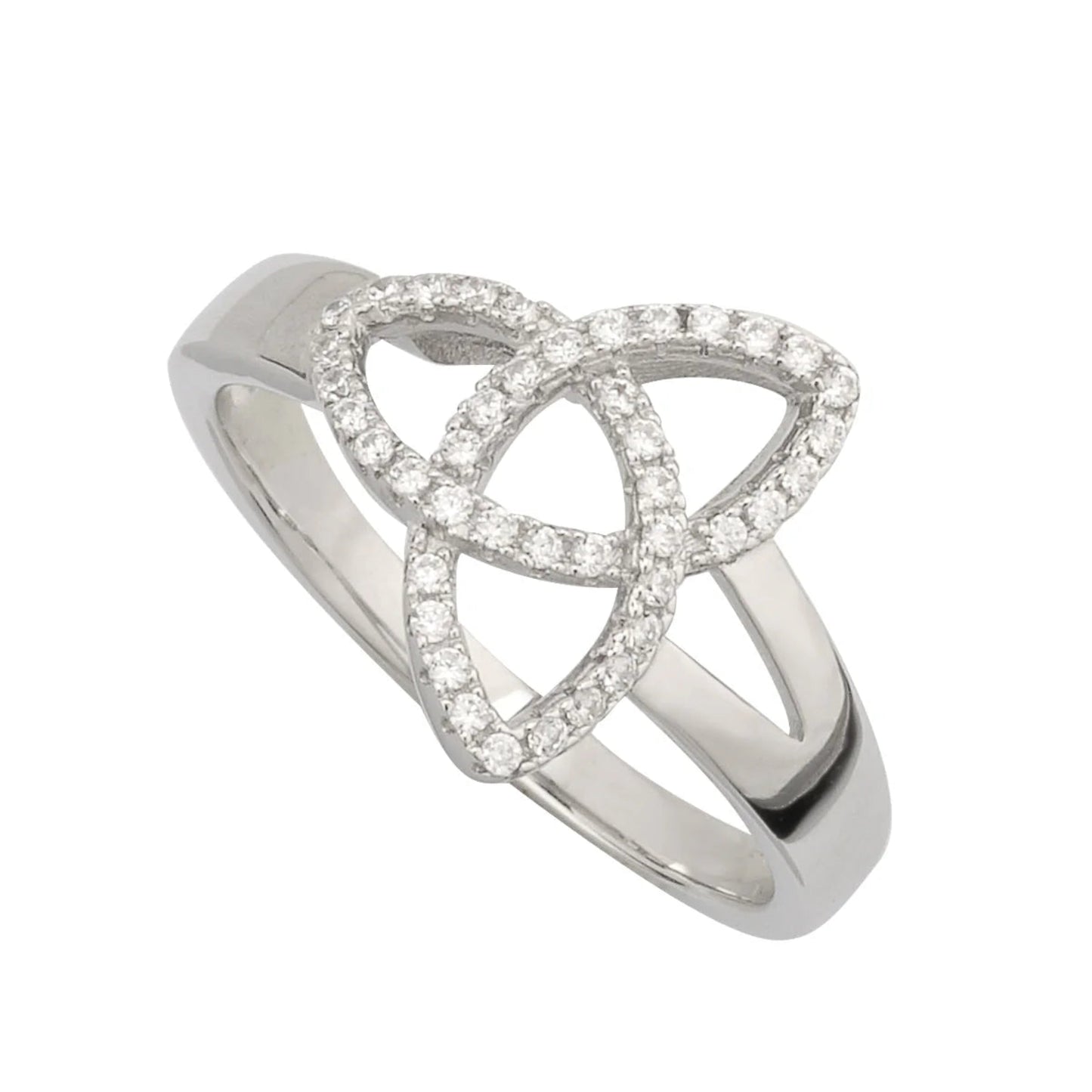 Silver ring with a Celtic knot design on a white background