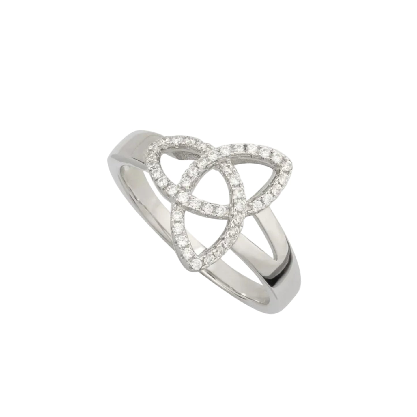 Silver ring with a Celtic knot design on a white background