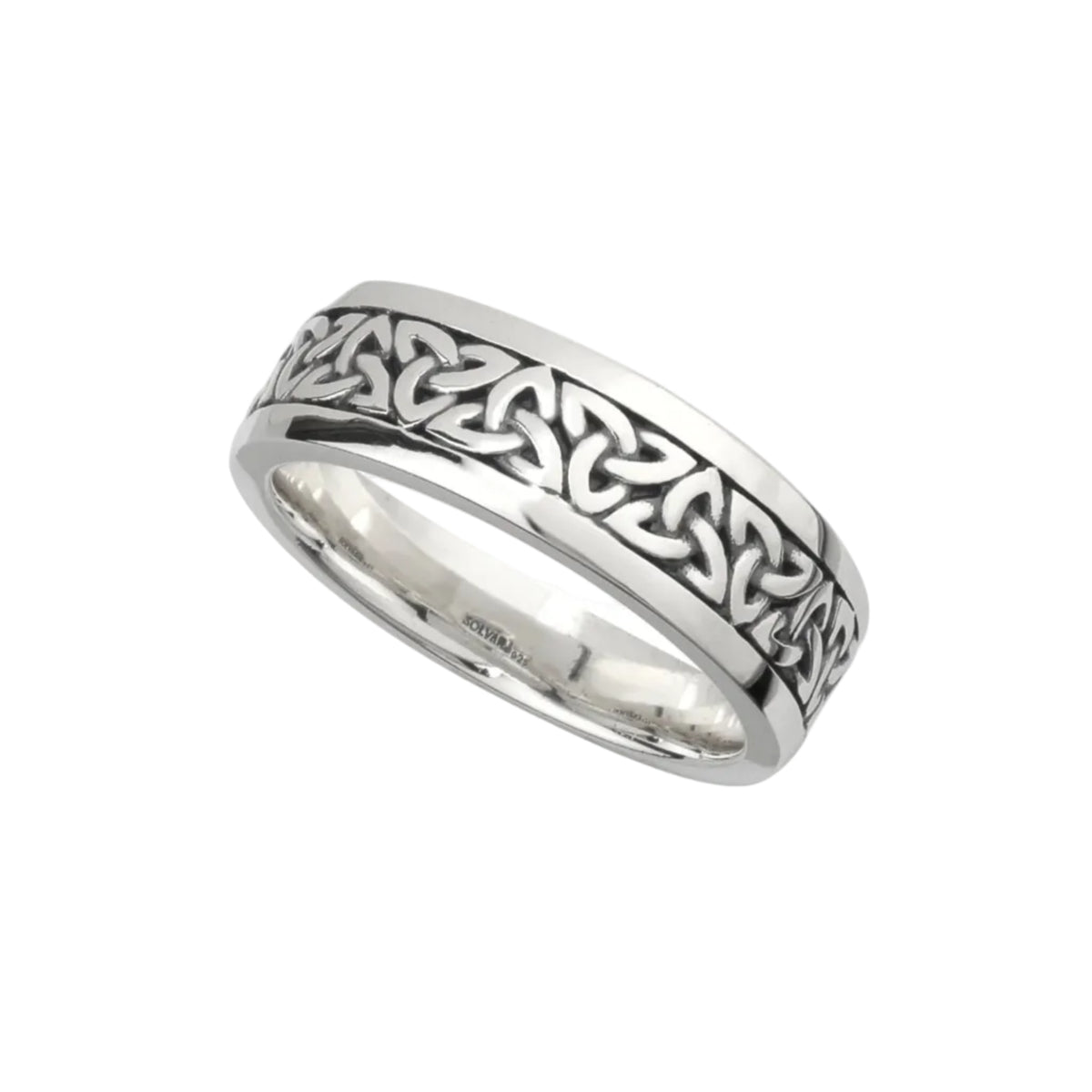 Silver ring with Celtic knot design on a white background