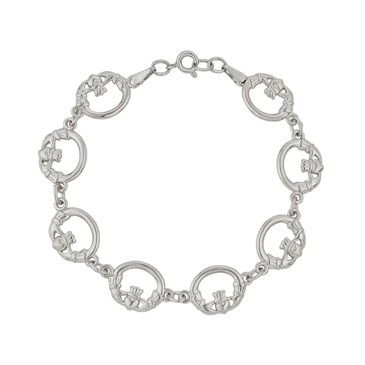 A silver-colored bracelet made up of a series of round claddagh charms.