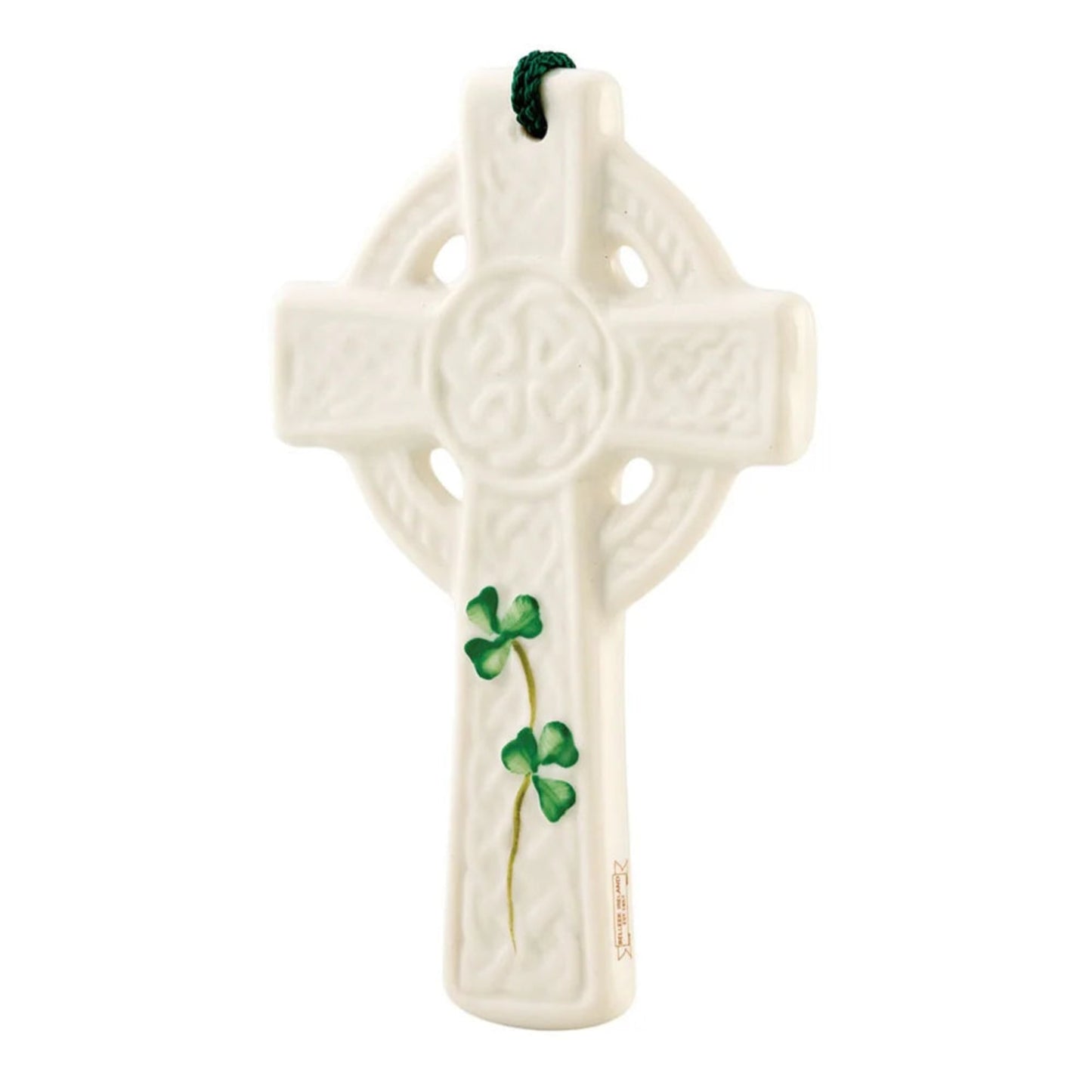 Porcelain cross with embossed knotwork and green painted shamrocks.