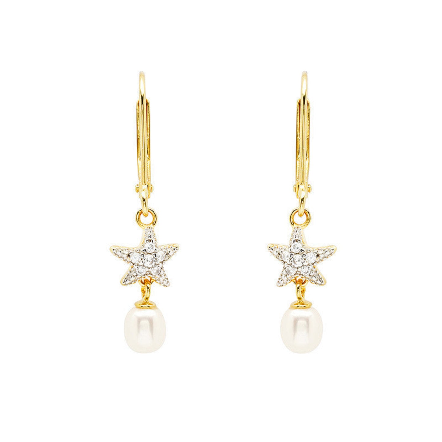 Gold star earrings with pearl drops on a white background