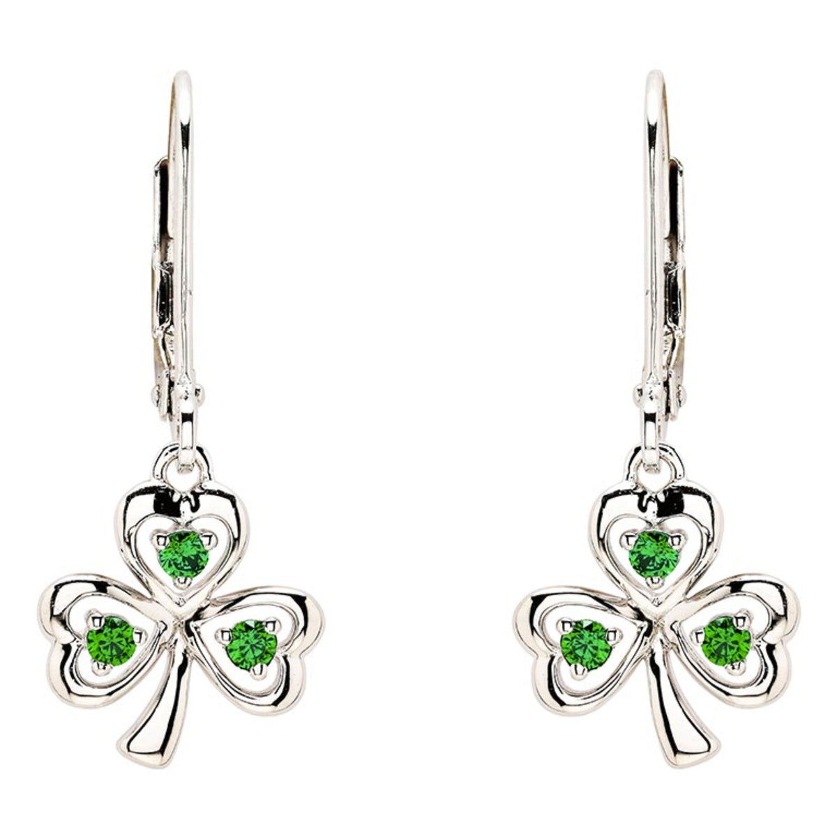 Sterling Silver with Emerald Cubic Zirconia Shamrock Drop Earrings