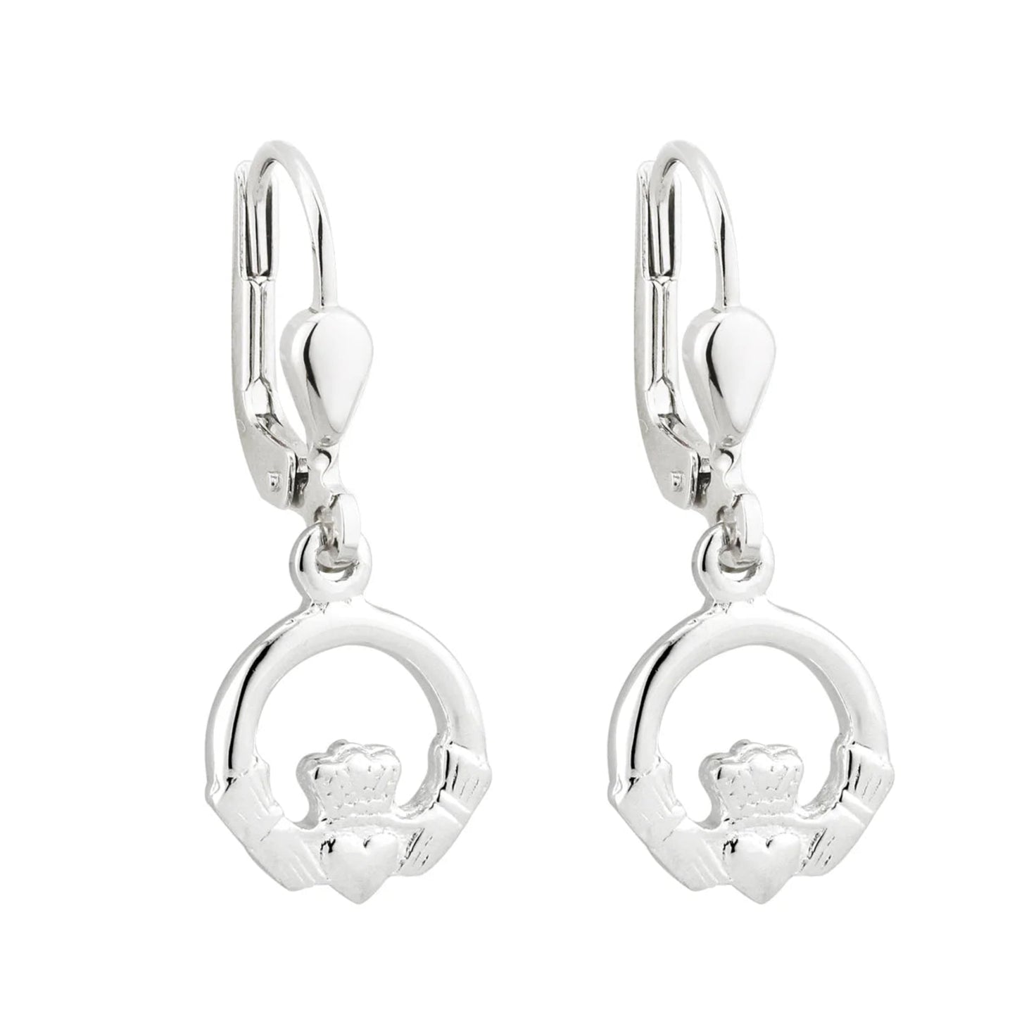 Pair of silver Claddagh earrings on a white background
