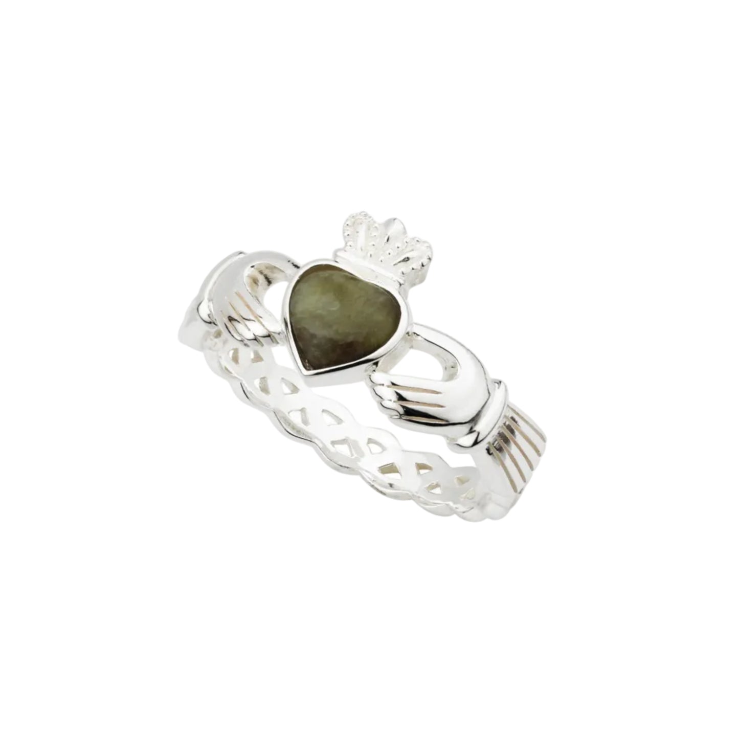 A sterling silver Claddagh ring with a heart-shaped Connemara marble inset, featuring intricate weave details.