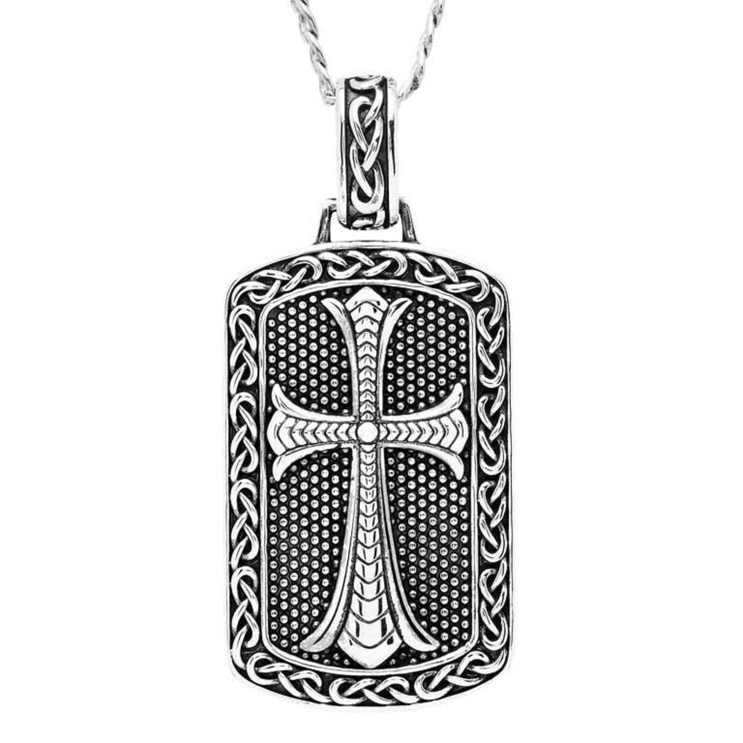 A sterling silver dog tag necklace featuring a Celtic cross design with intricate patterns around the border.