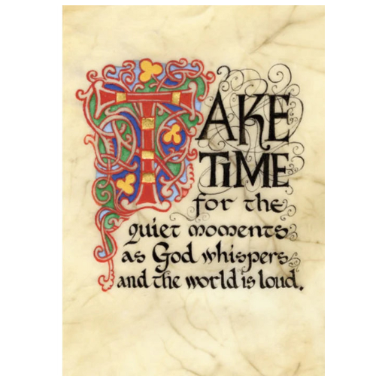 Decorative text with a colorful letter 'F' on a textured beige background