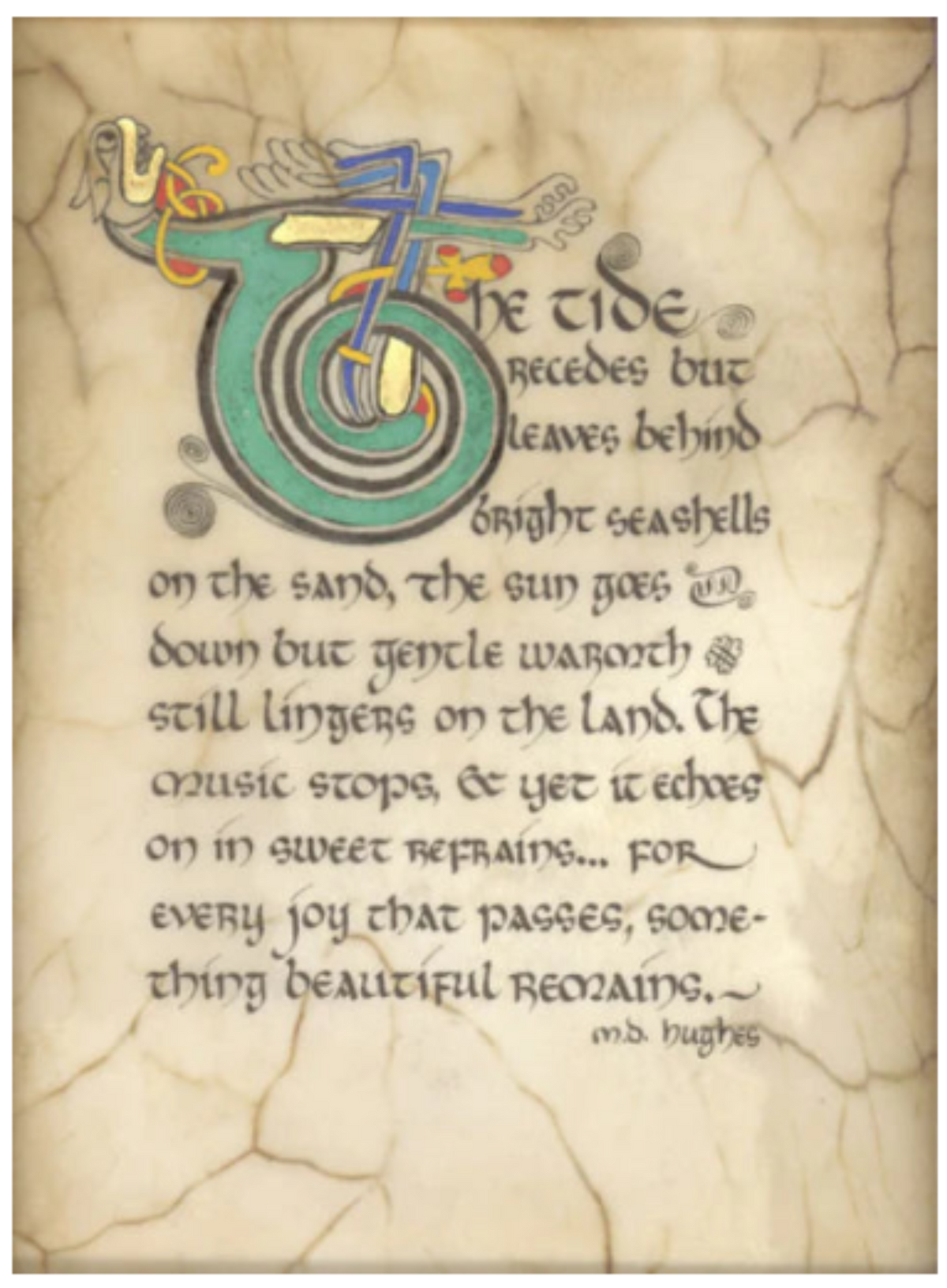 Decorative text with ornate letter 'T' on a textured beige background