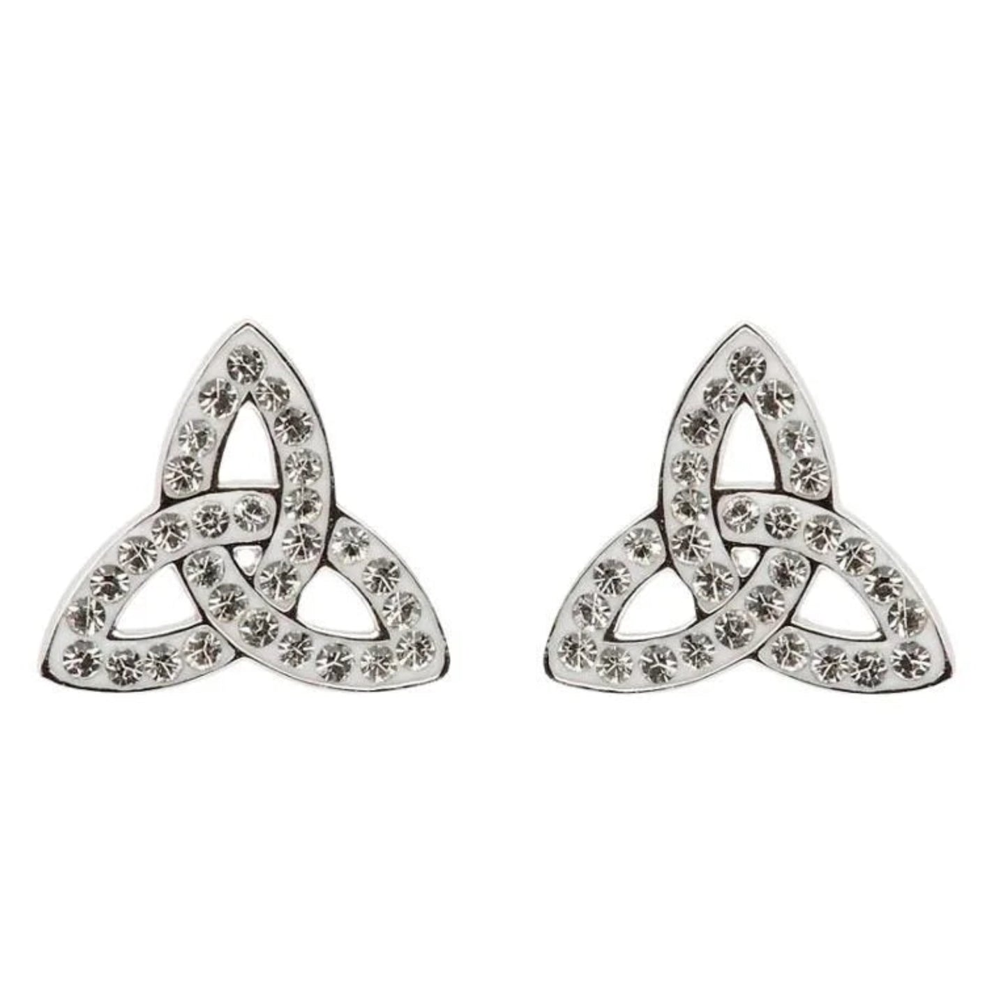 A pair of sterling silver trinity knot stud earrings adorned with white crystals, presented against a white background.