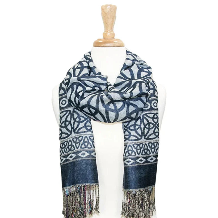 Blue and white patterned scarf with fringes on a mannequin against a white background, featuring the brand 'BILI Celtic'.