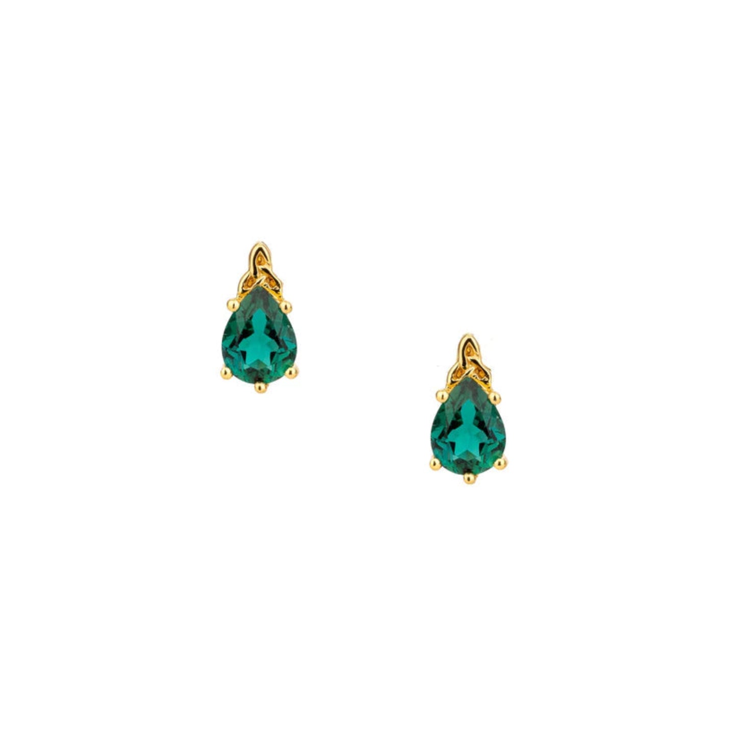 Pair of green teardrop earrings with gold accents on a white background