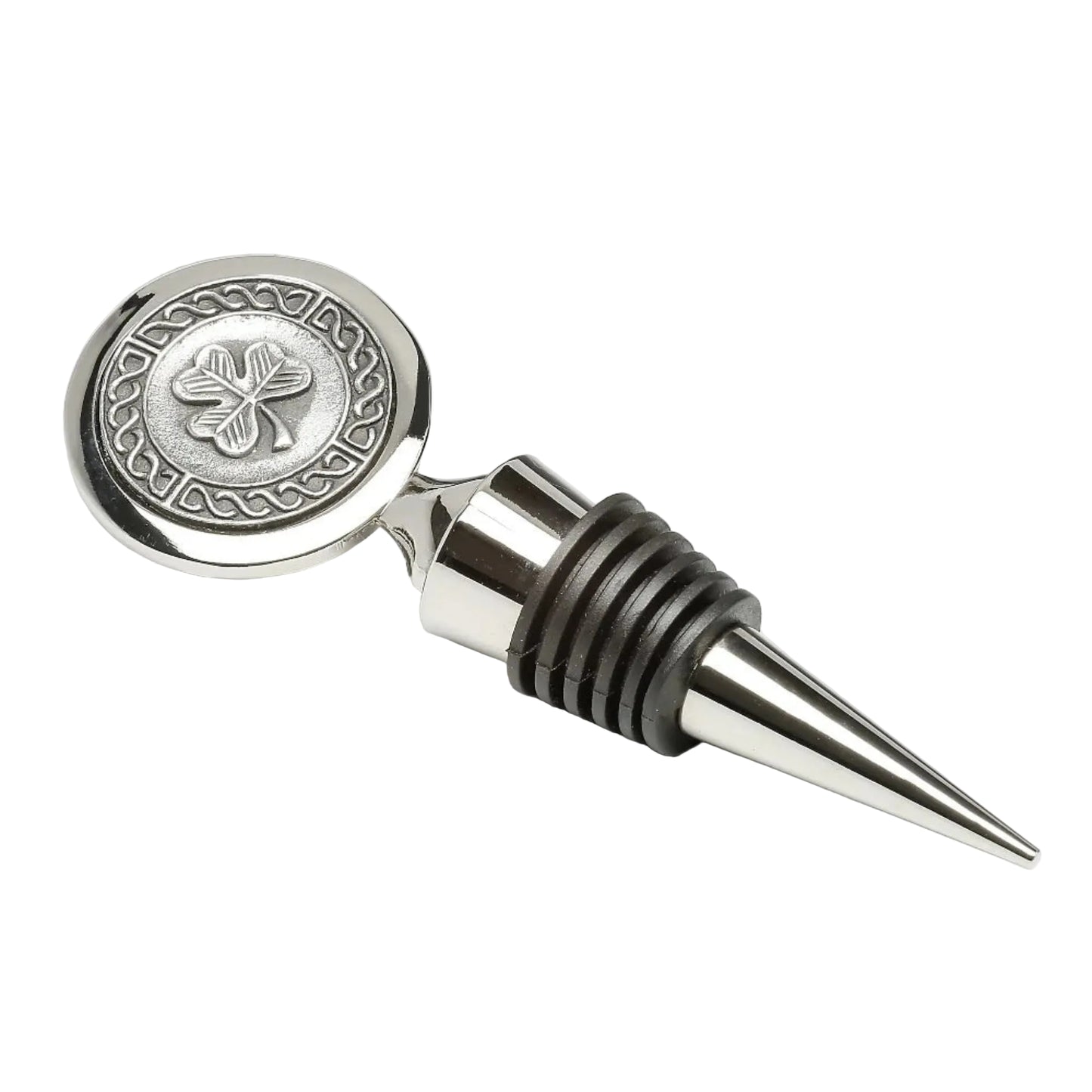 Silver colored bottle stopper with a shamrock emblem on top.