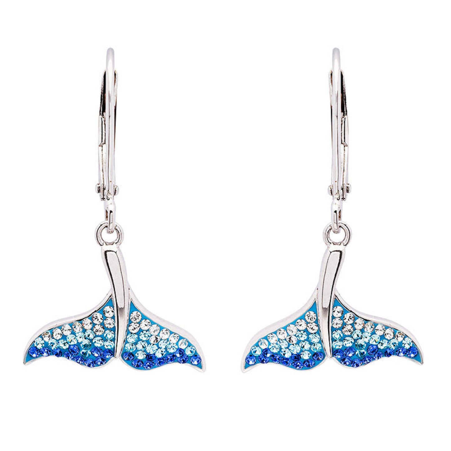 Earrings shaped like whale tails with blue and silver design on a white background