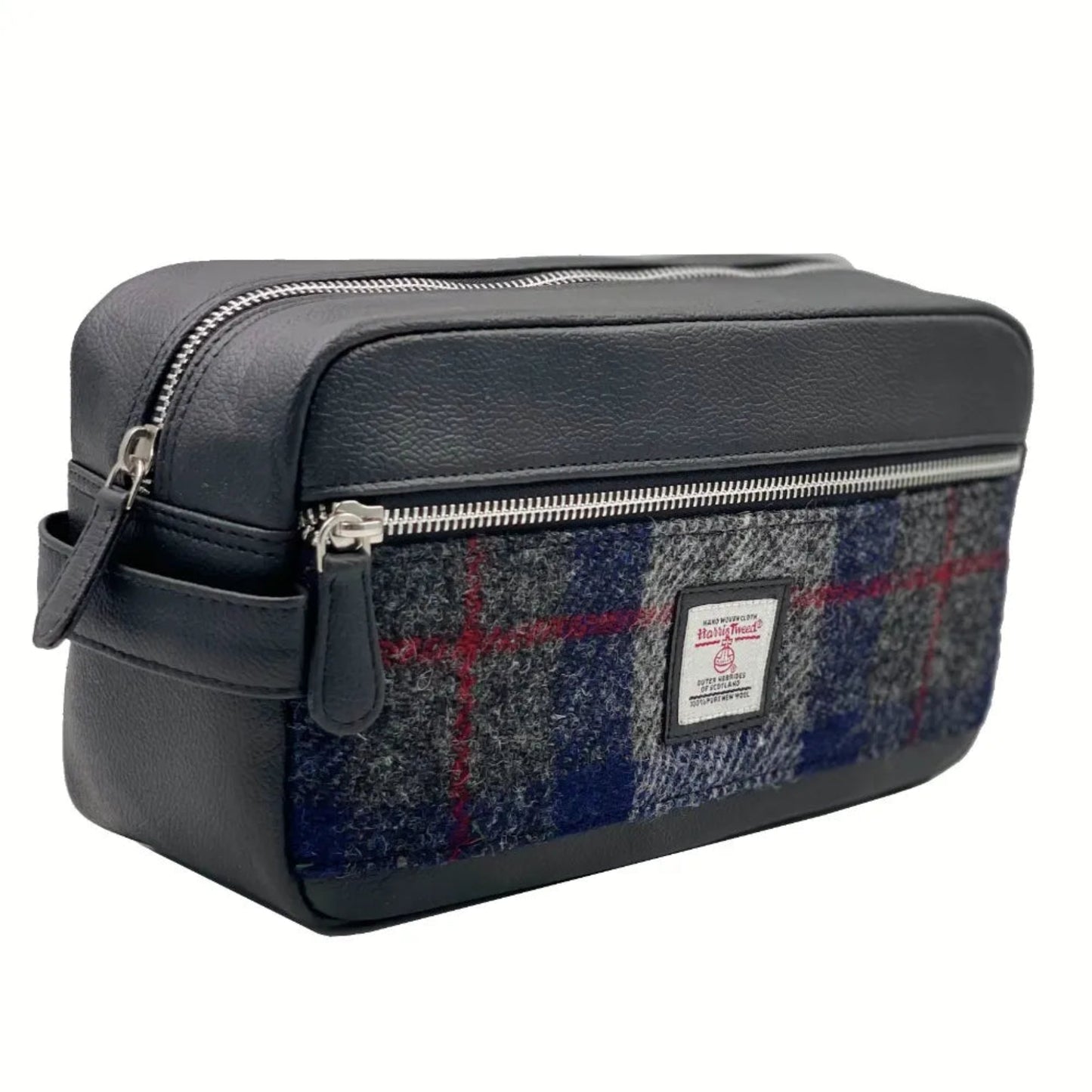 Gray toiletry bag with plaid pattern and visible brand label on a white background
