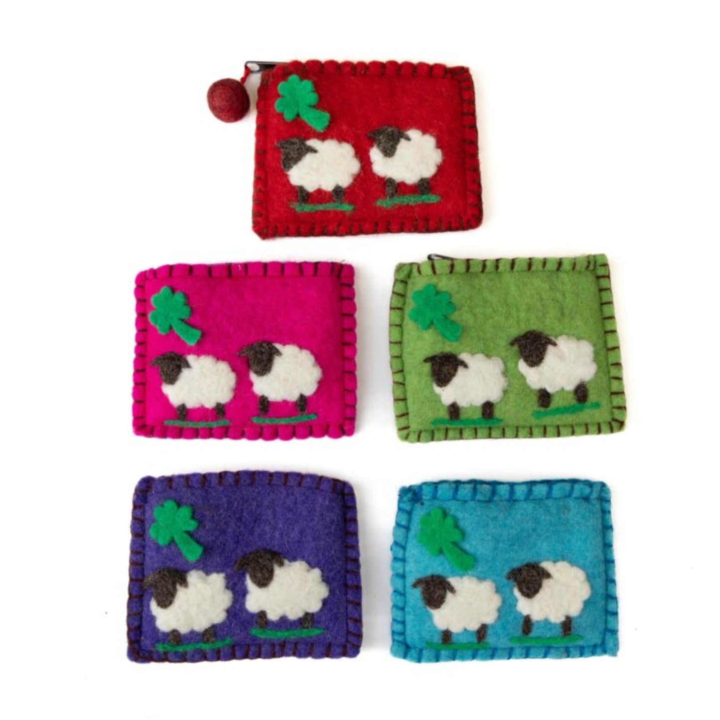 A collection of colorful felt purses with a sheep design, displayed against a white background.