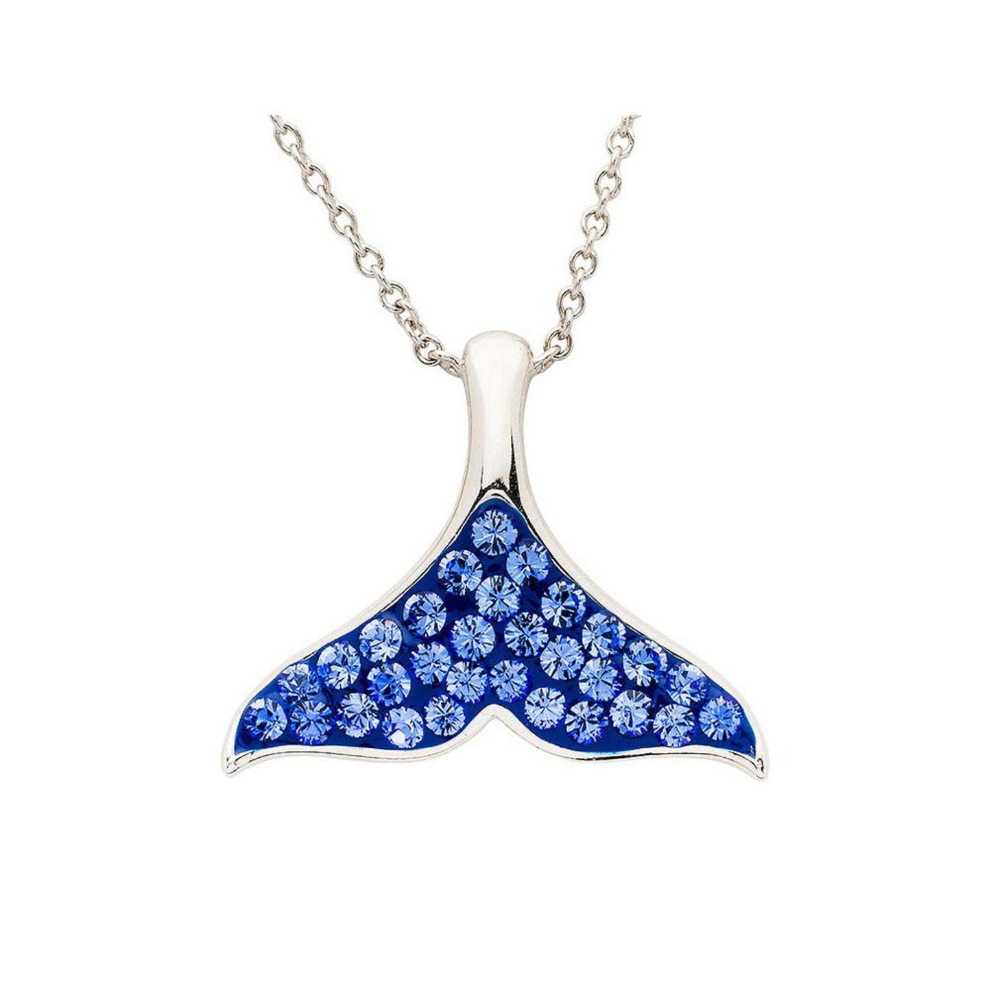 Silver necklace with a blue whale tail pendant on a white background