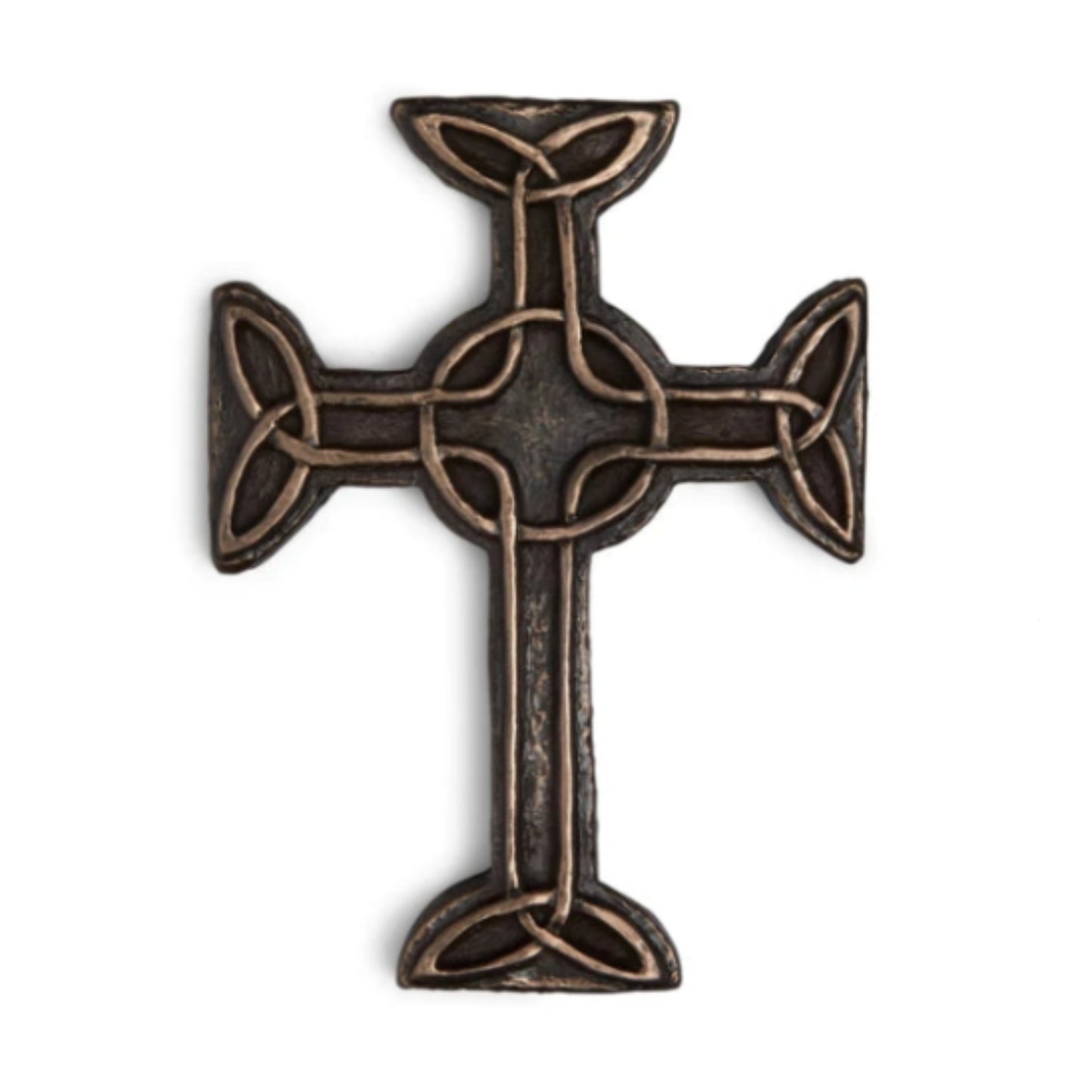 A bronze celtic cross with embossed celtic knotwork across the arms