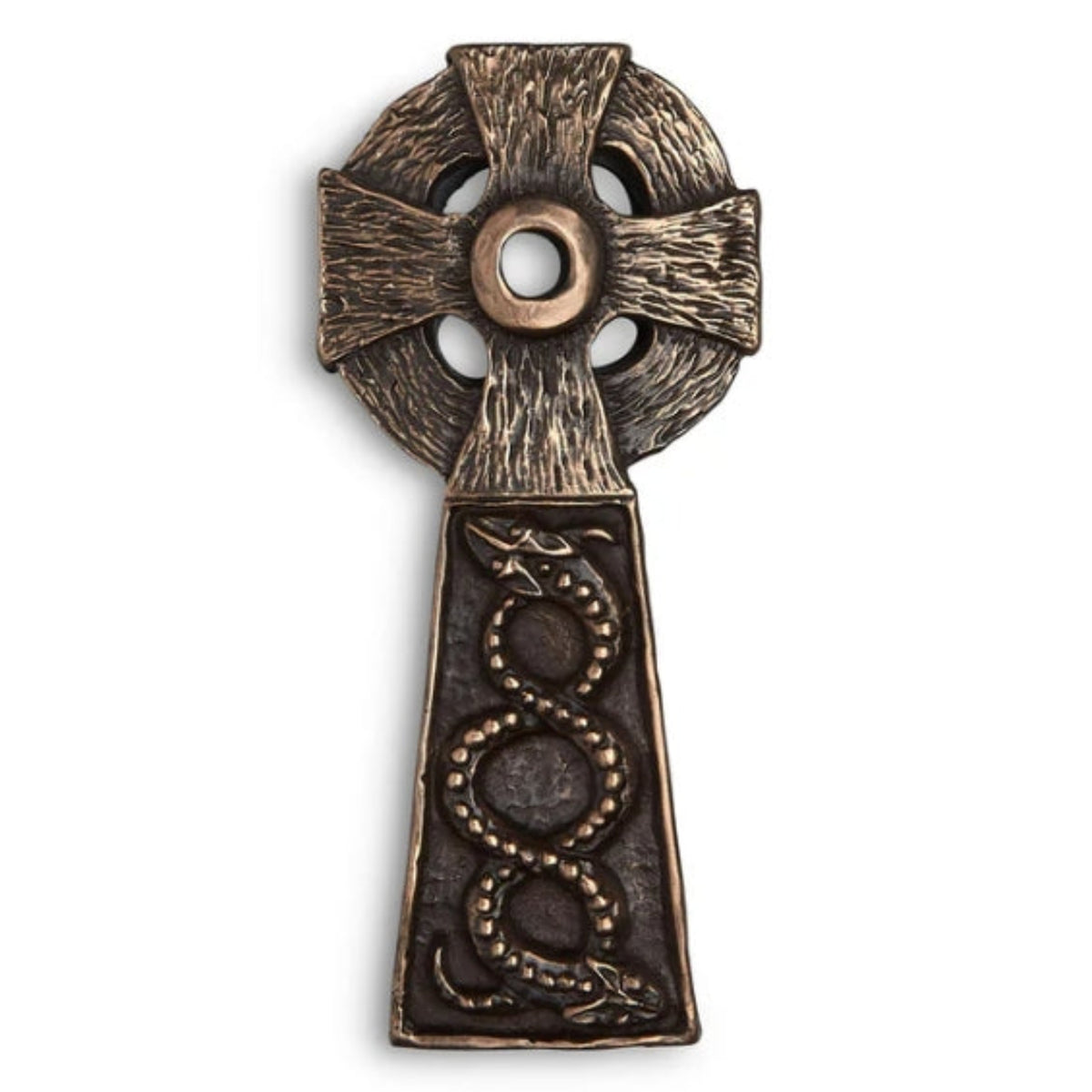 A bronze celtic cross with two serpents entwined in the staff