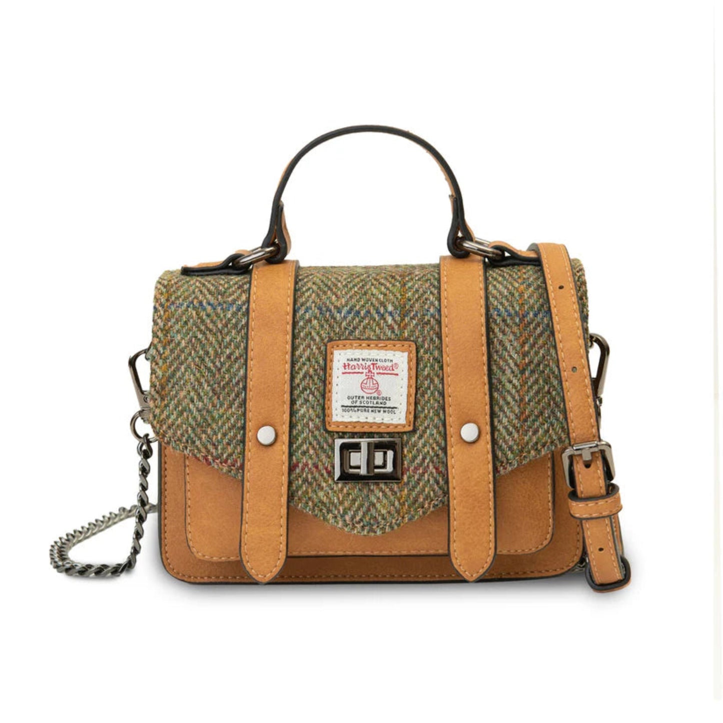 Handbag with green herringbone pattern and brown leather accents on a white background