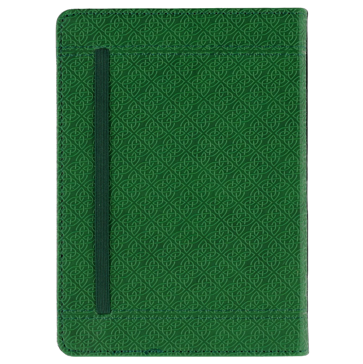 Green patterned notebook with a strap closure on a white background