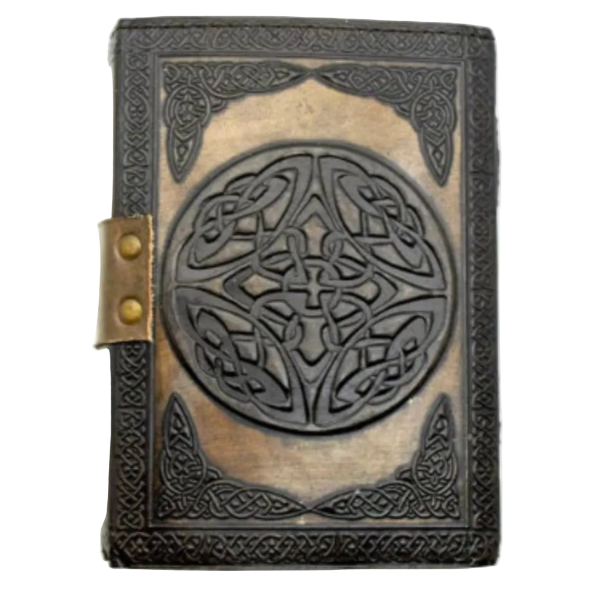 Decorative leather-bound book with Celtic knot design on a white background