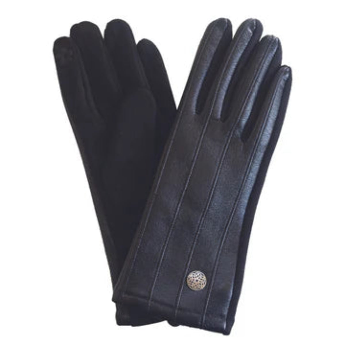 Pair of black leather gloves with a decorative button on a white background