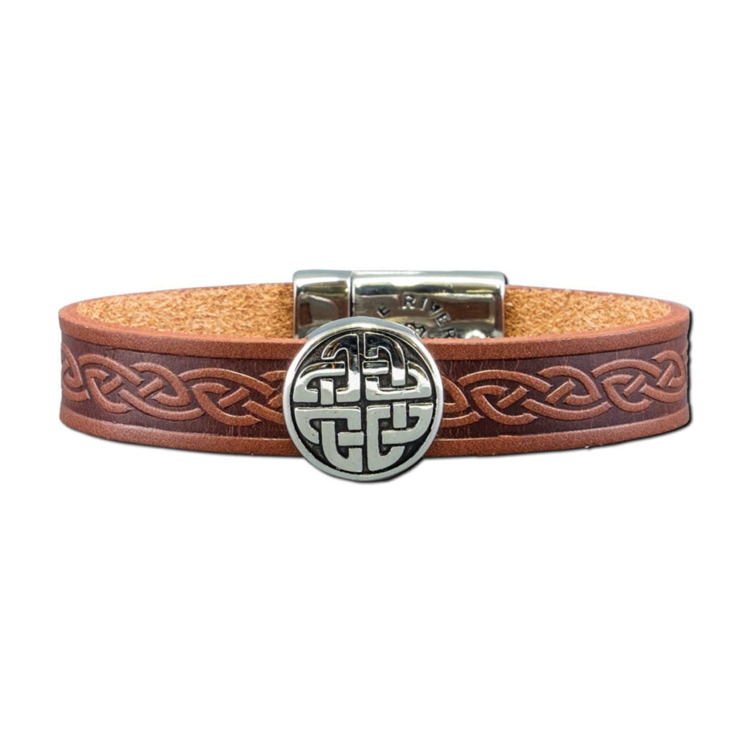 Brown leather bracelet with Celtic knot design and silver clasp on a white background