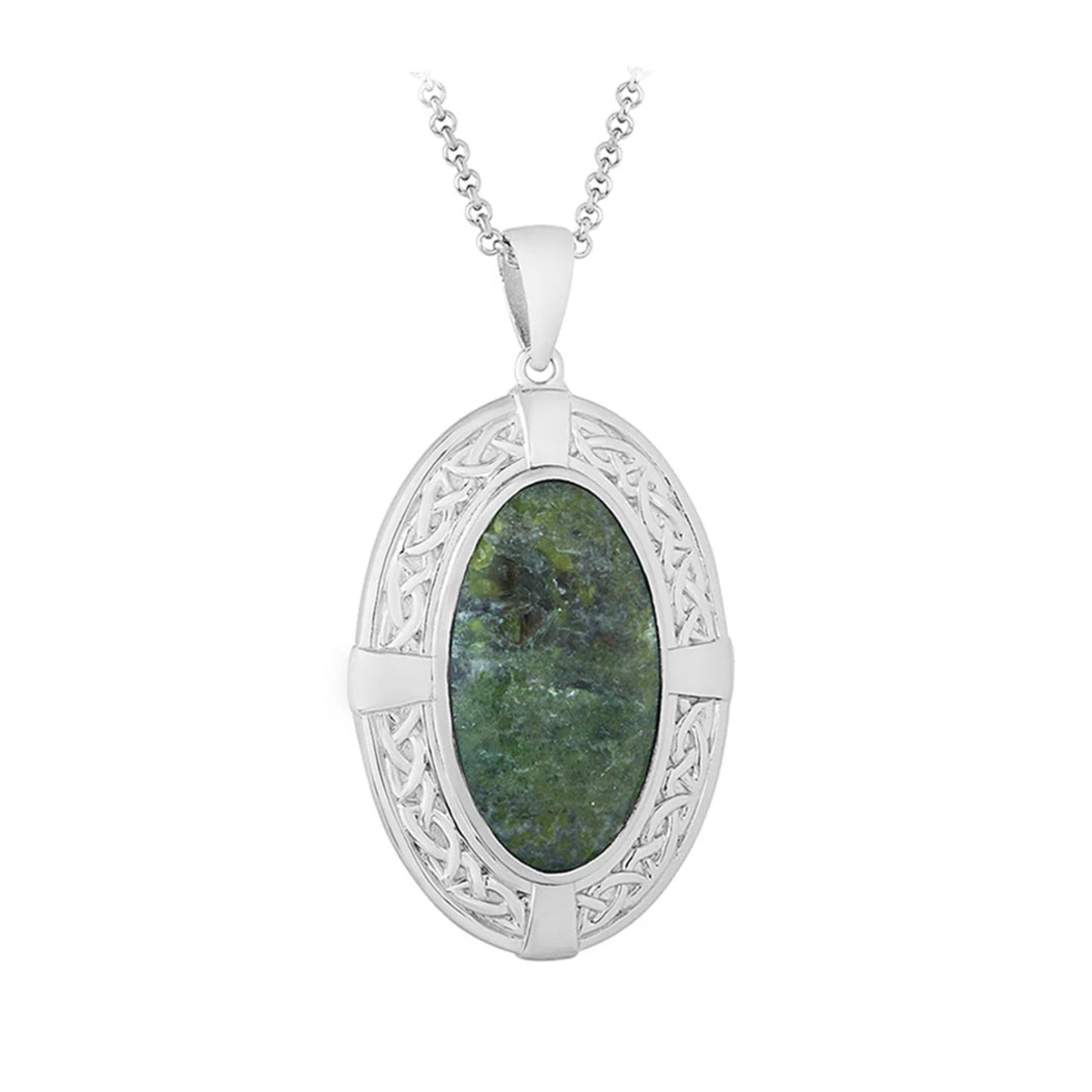 Silver pendant with green stone on a white background