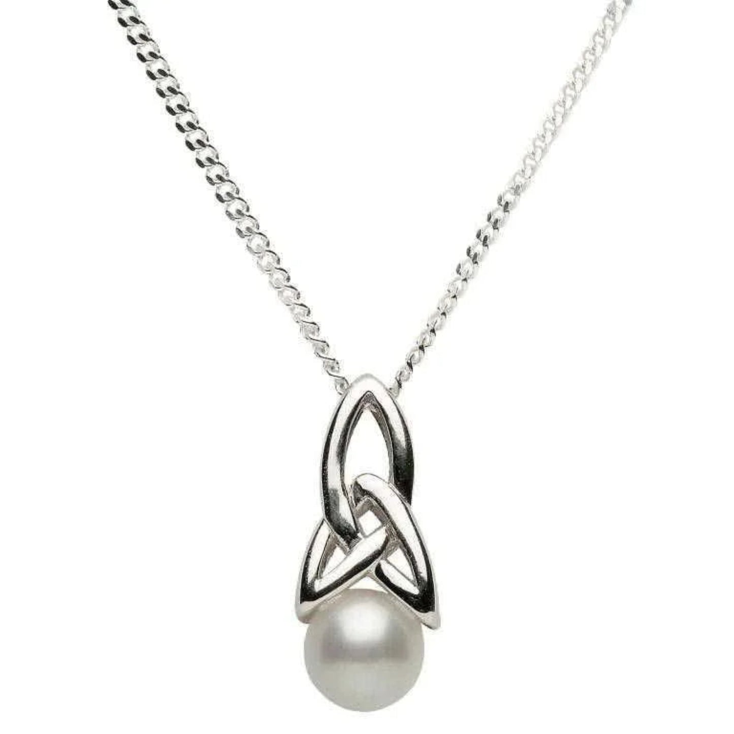 Silver necklace with a Trinity knot pendant and pearl on a white background