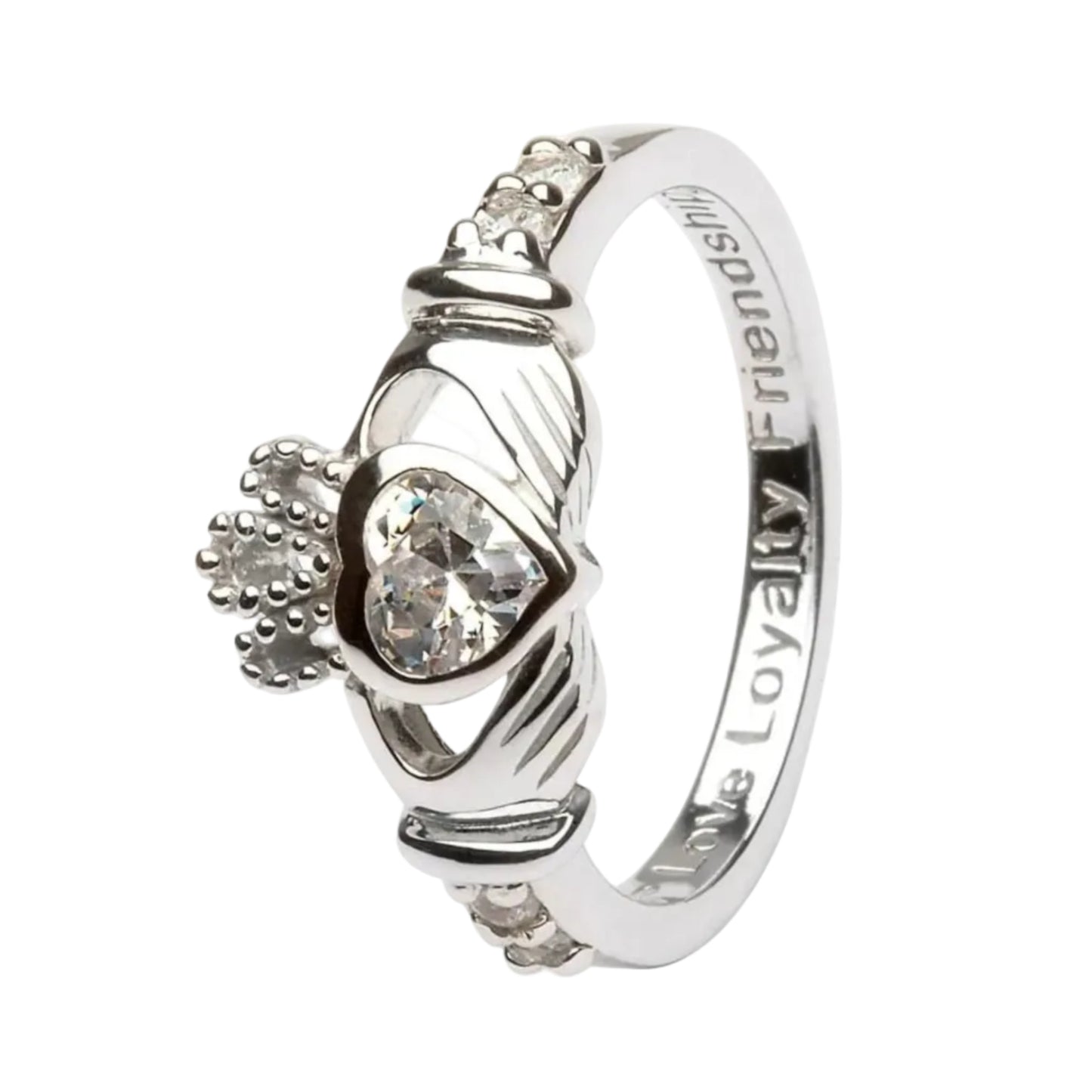 A sterling silver Claddagh ring with a red gemstone centerpiece and intricate details.