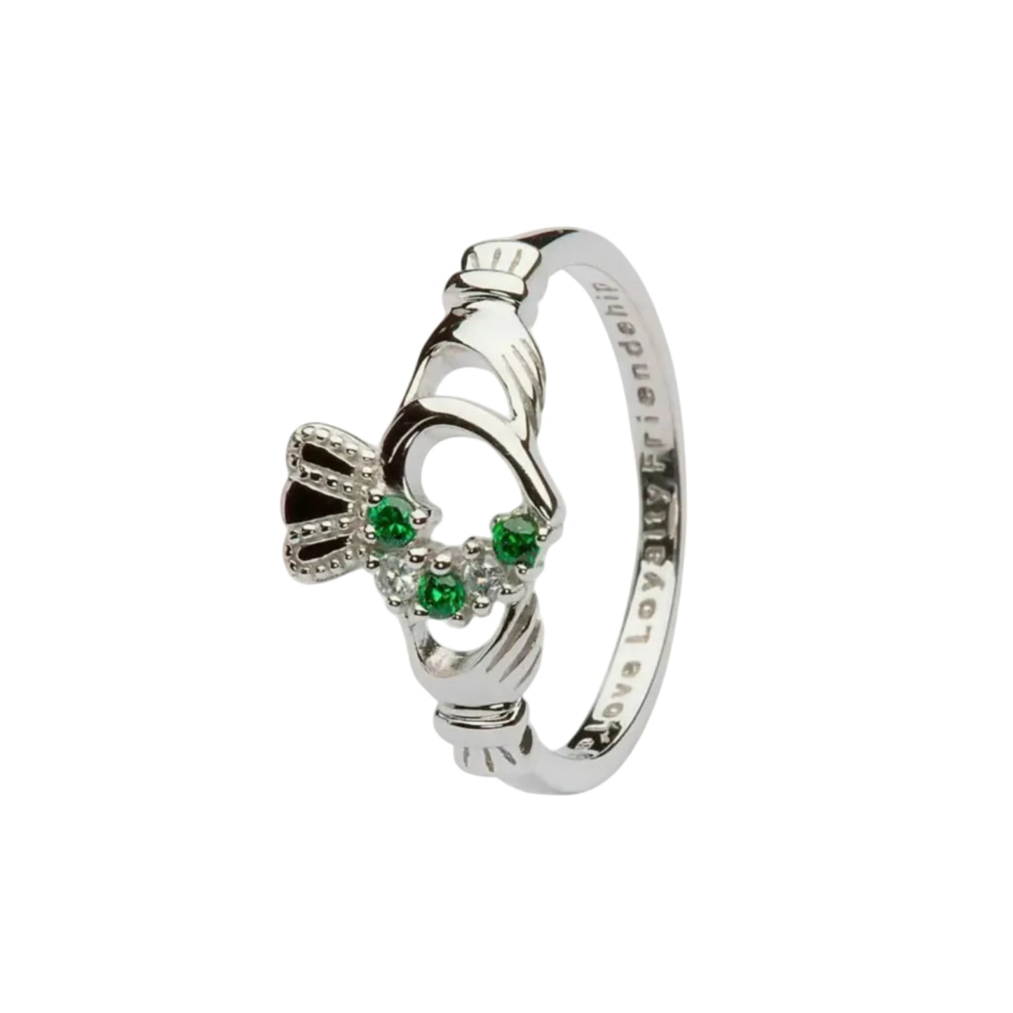 A sterling silver Claddagh ring with a heart-shaped design, featuring hands, a crown, and a bejeweled heart, set with four green stones.