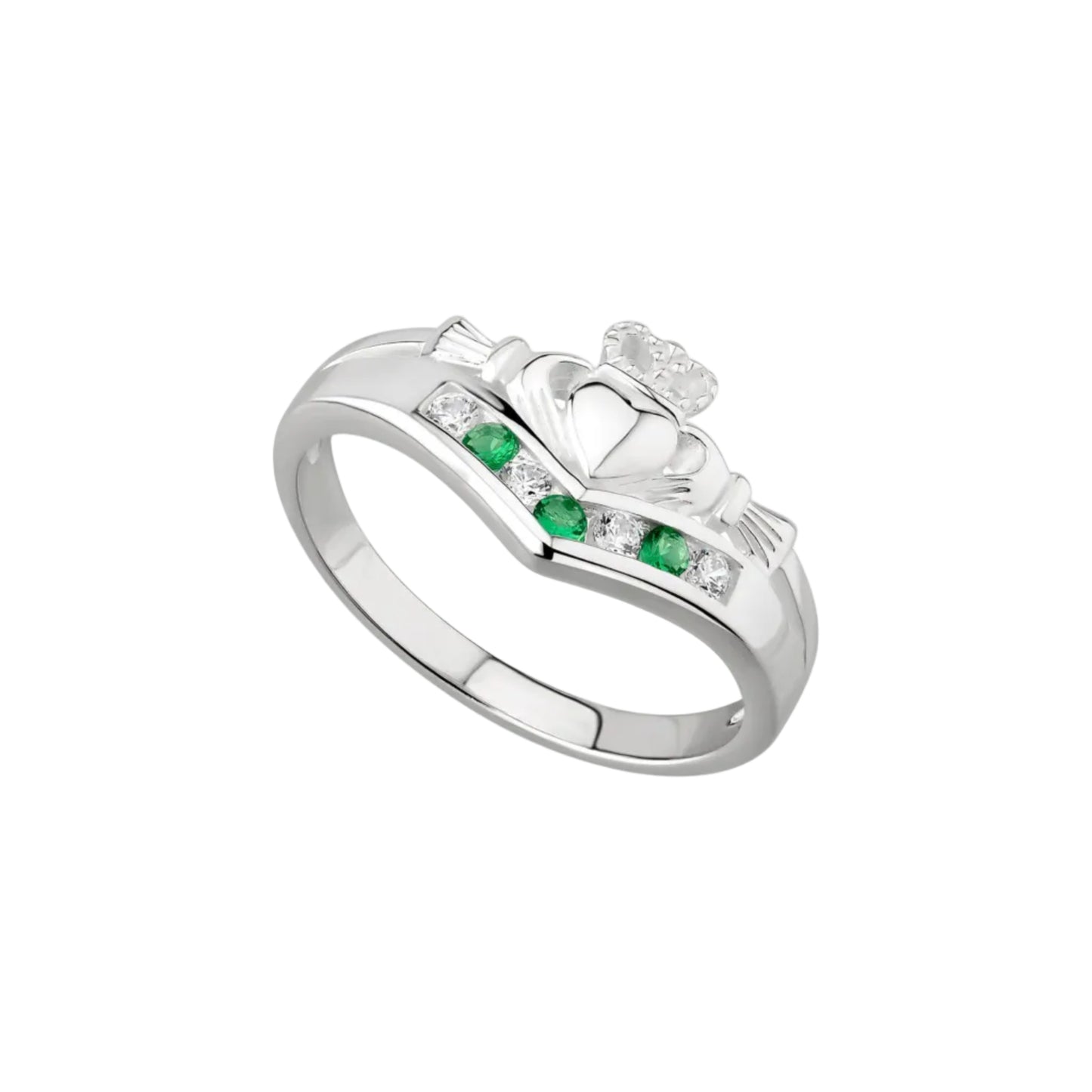 Silver ring with green gemstones and a heart design on a white background
