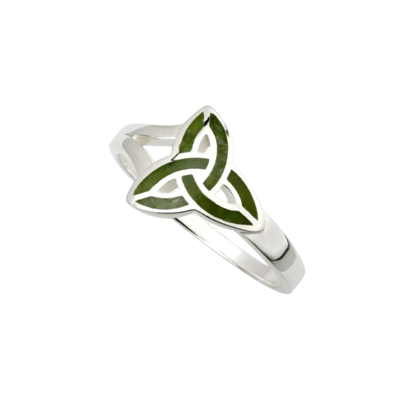 Silver ring with green Celtic knot design on a white background
