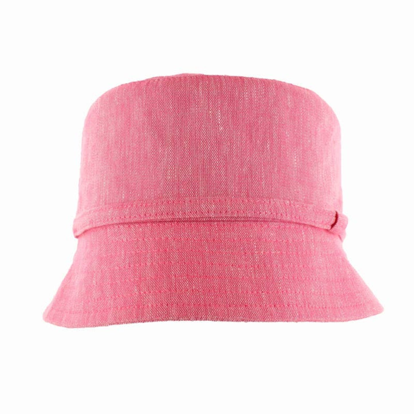 A pink linen bucket hat.