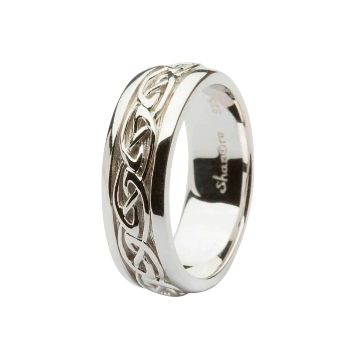 A sterling silver wedding ring with a Celtic knotwork design.