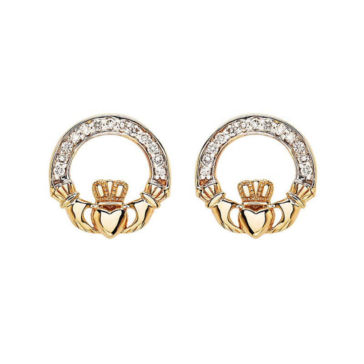Gold claddagh earrings with diamond channel on a white background.