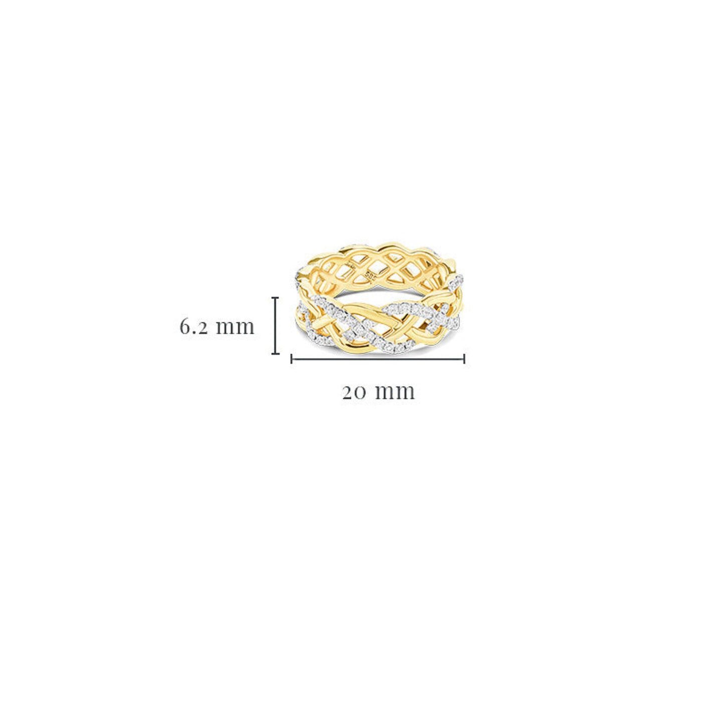 Gold knotwork ring measuring 6.2 millimeters tall and 20 millimeters wide.