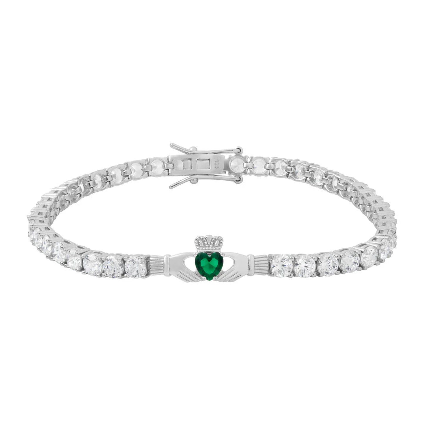 Silver bracelet with a heart-shaped green gemstone on a white background