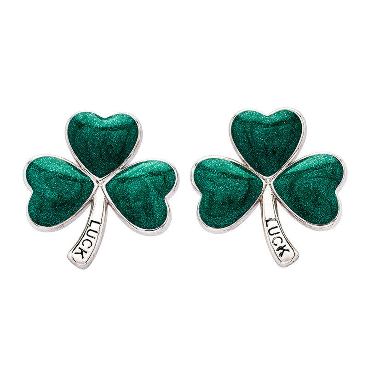 Pair of green shamrock earrings with 'LUCK' on a white background