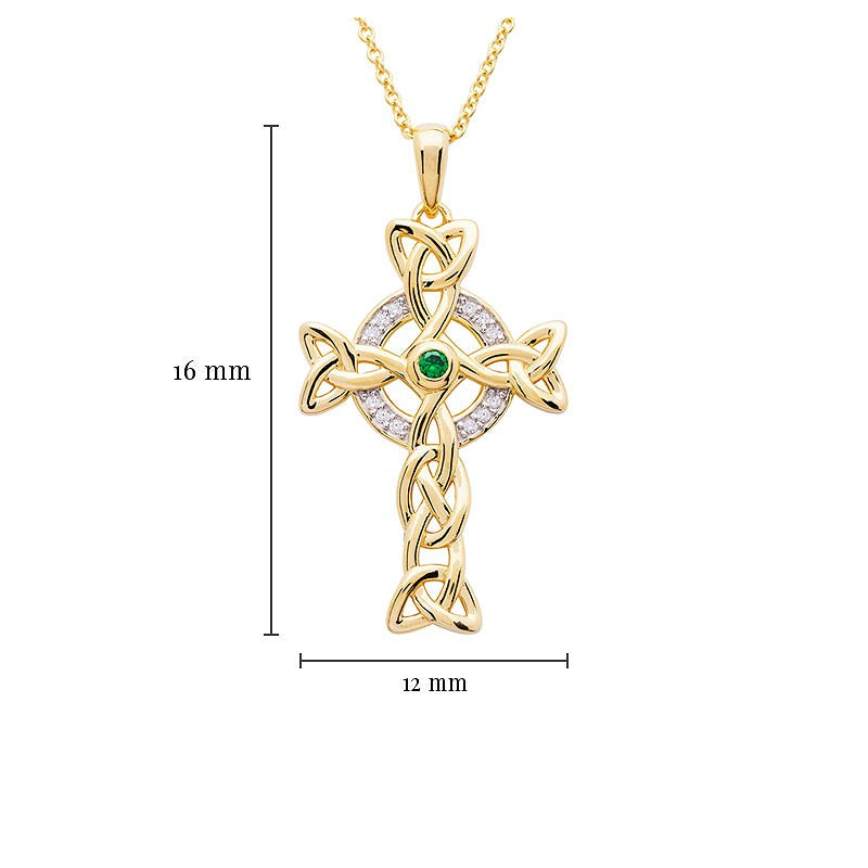 14KT Gold Vermeil Emerald Celtic Cross Necklace embellished with White Cubic Zirconias