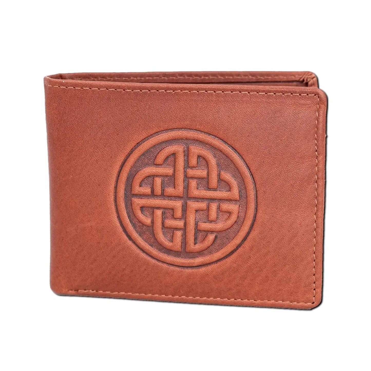Brown leather wallet with a Celtic knot design on a white background
