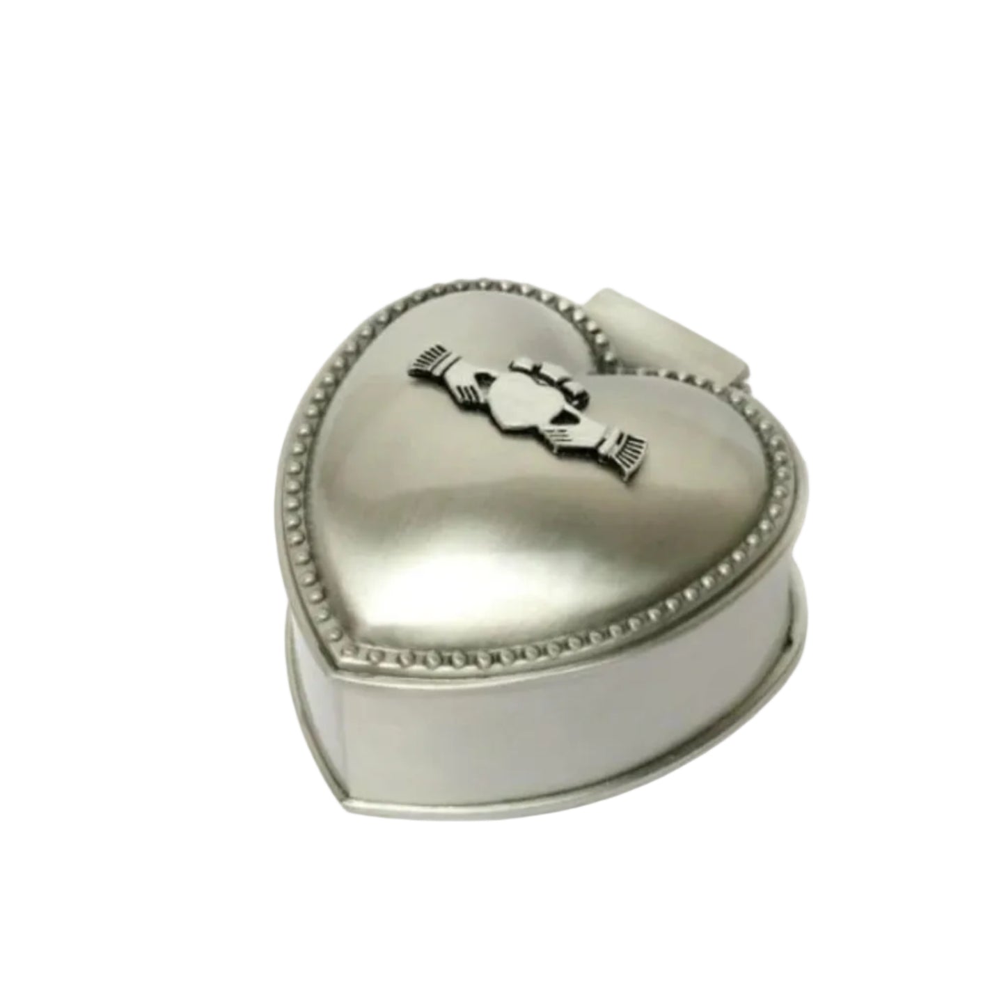 Heart-shaped silver trinket box with a claddagh design on top