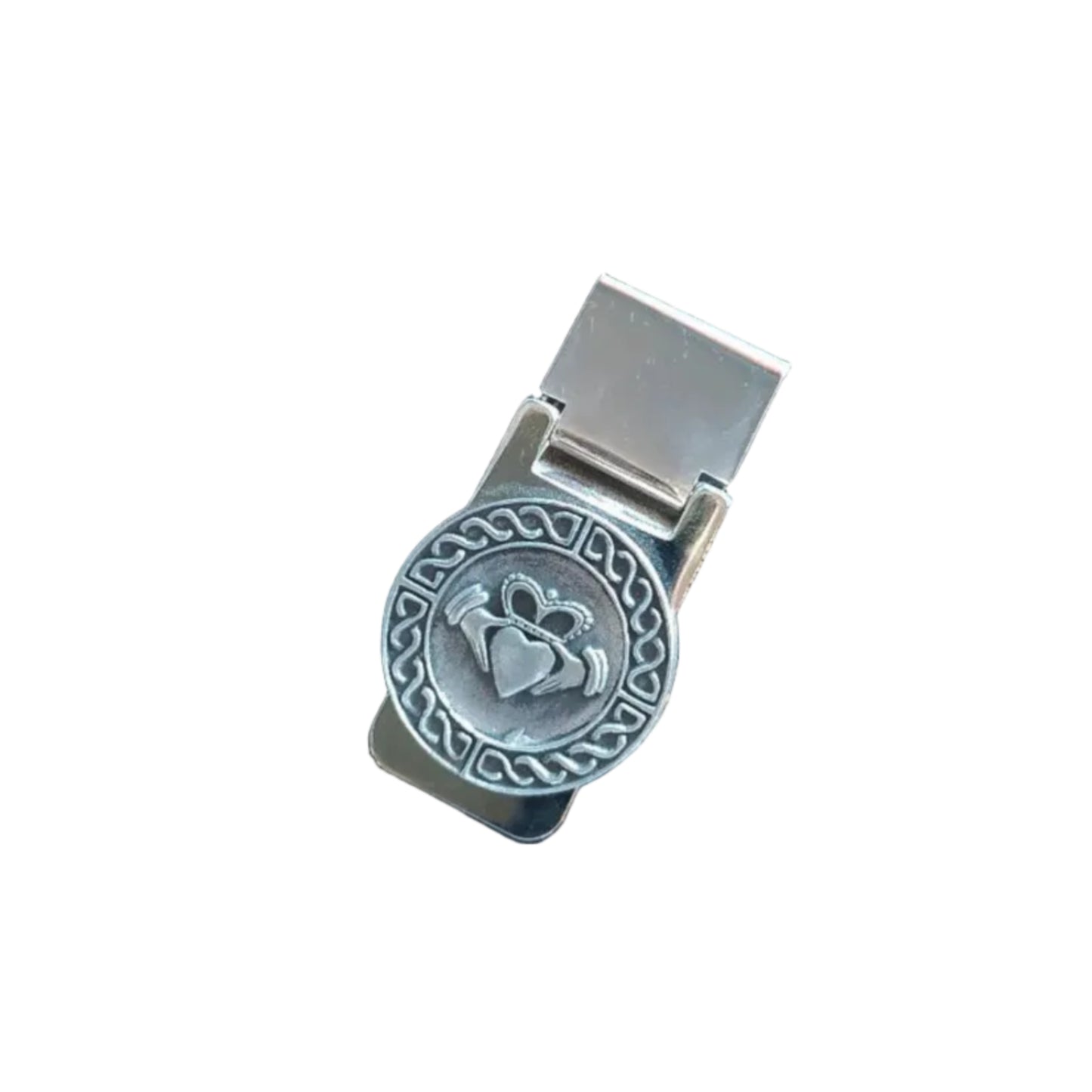A silver-colored money clip with a claddagh design bordered by celtic knotwork.