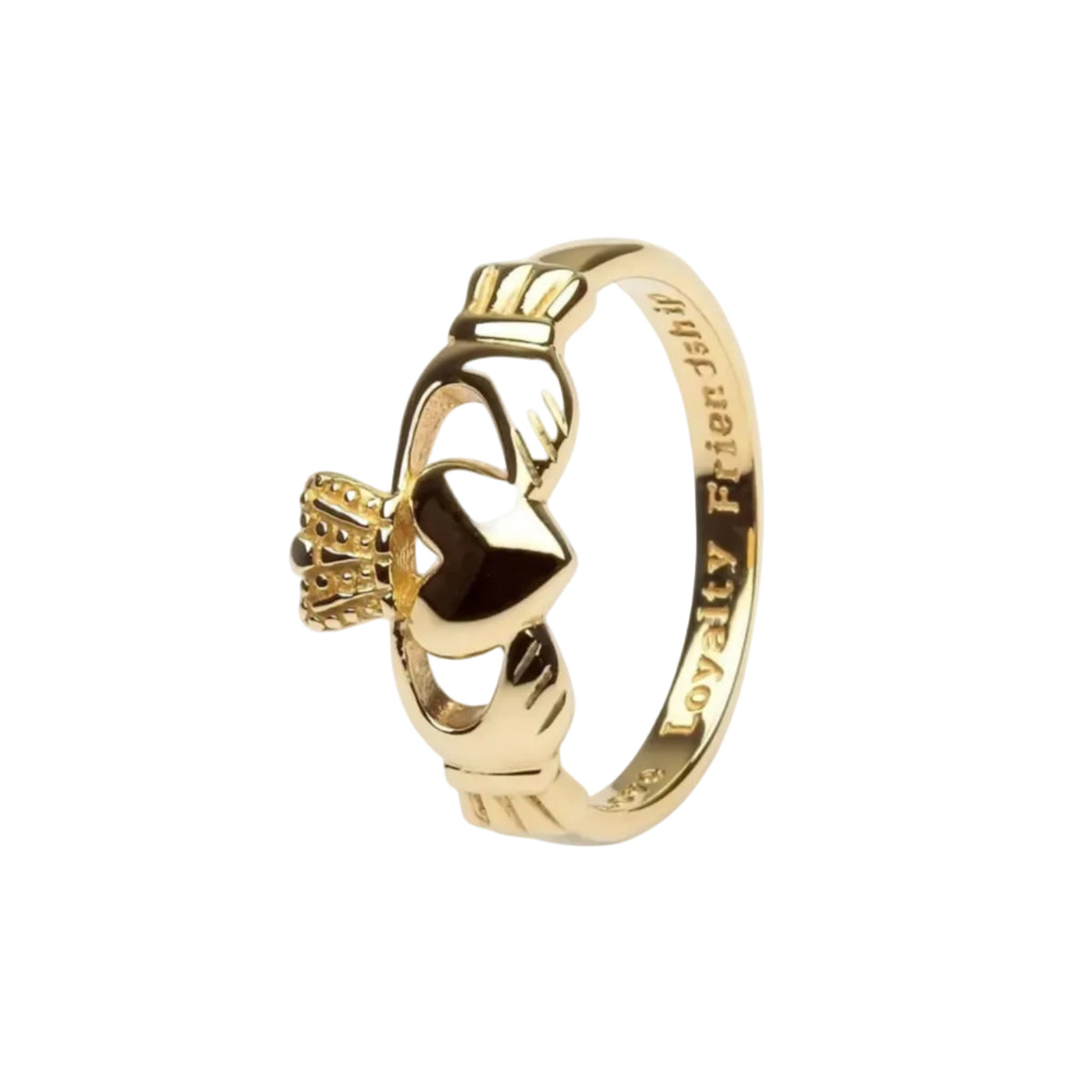 Gold claddagh ring on a white background.