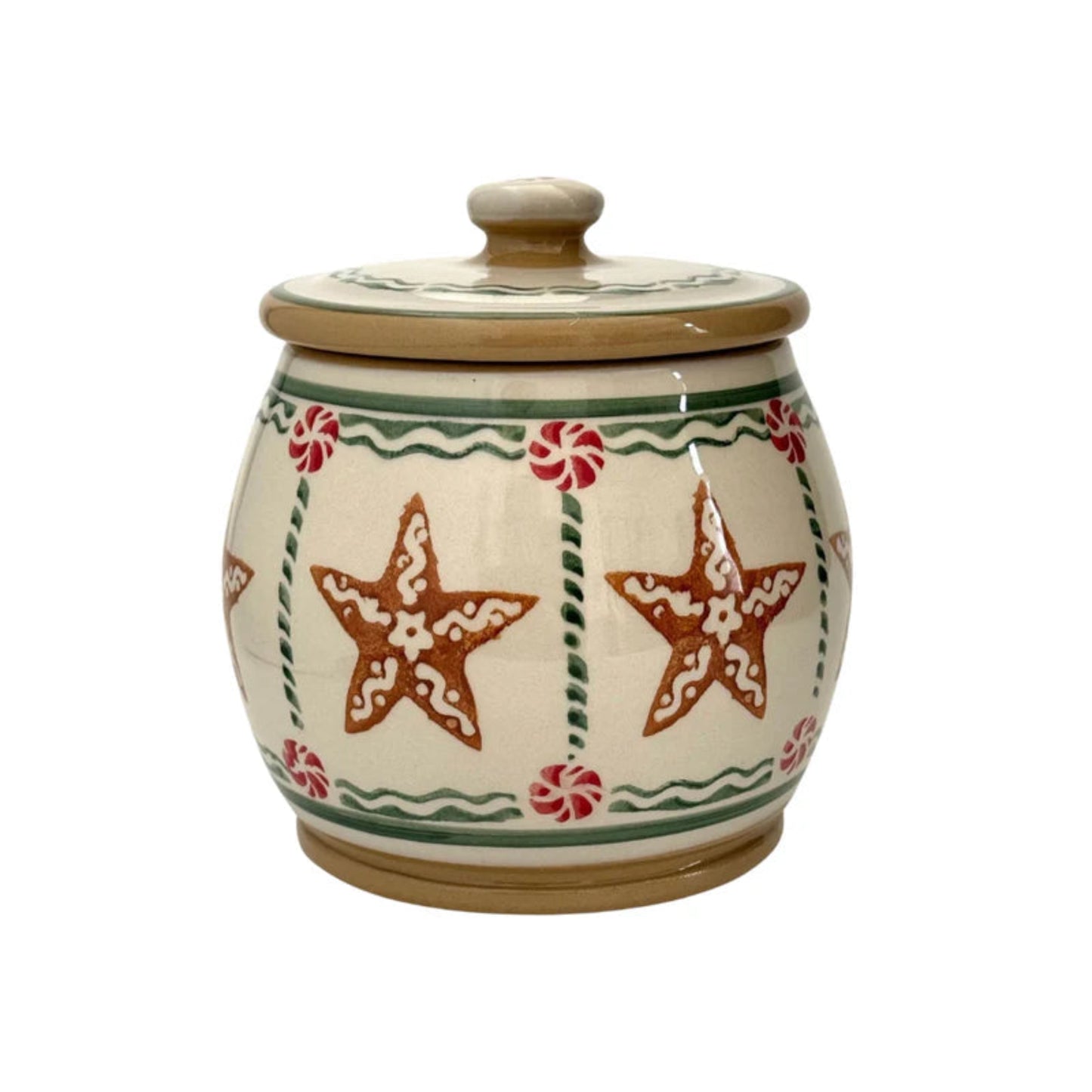 Ceramic jar with christmas cookie and peppermint design on a white background