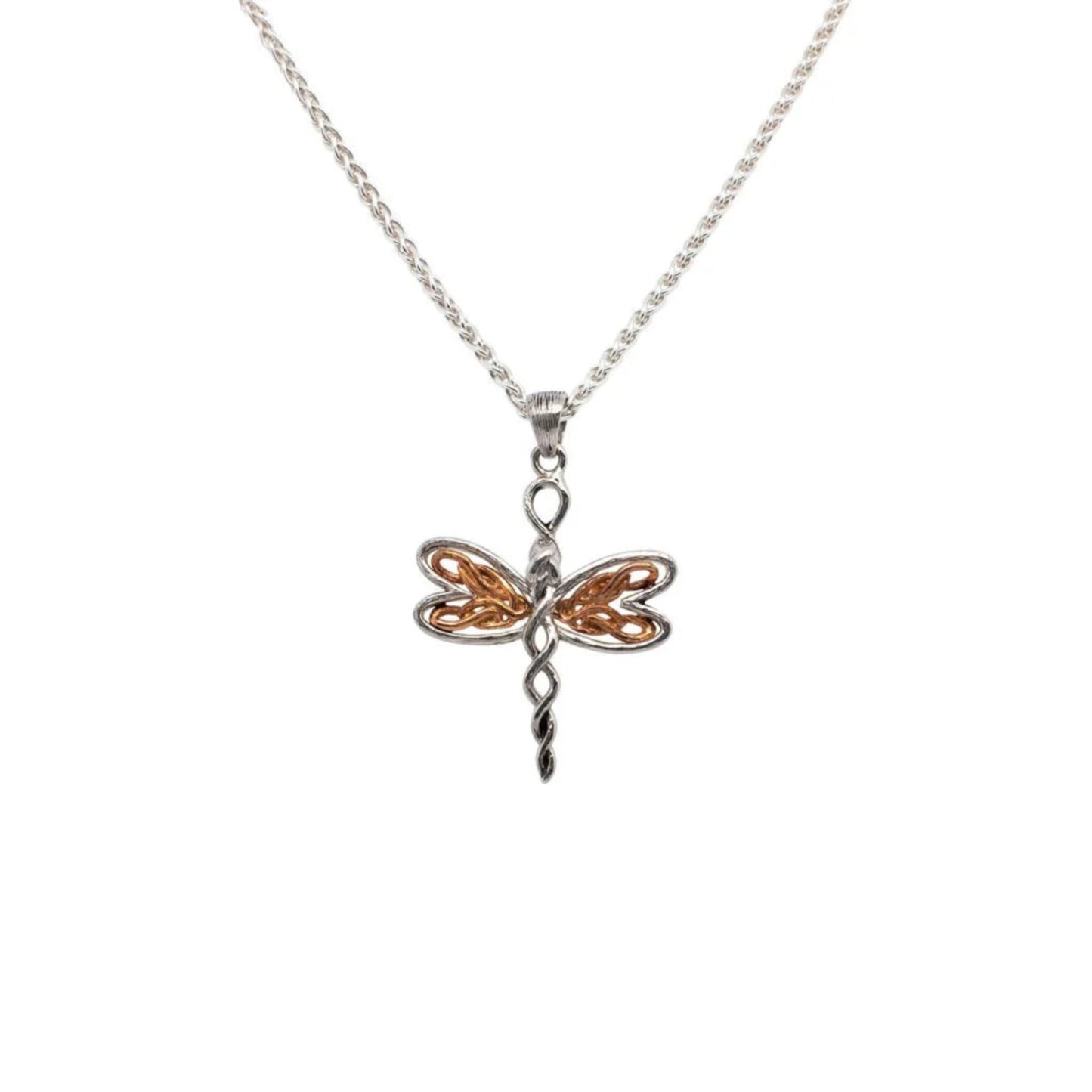 Dragonfly-shaped pendant on a chain against a white background