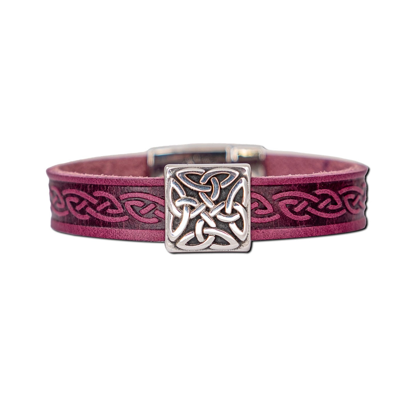 Purple leather bracelet with silver quadruple trinity symbol with clasp on a white background