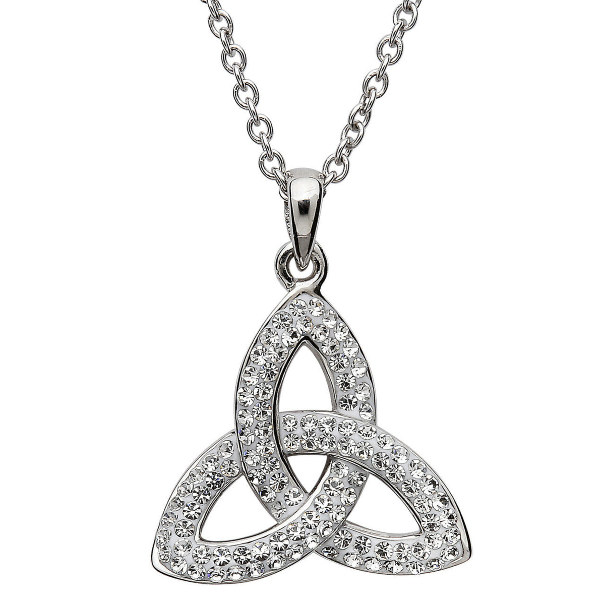A silver-toned triquetra knot pendant necklace paved with small clear stones, suspended from a matching silver chain against a plain white background.